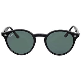 Black Ray-Ban round sunglasses with green lenses and a glossy finish, featuring small silver accents on the frame.