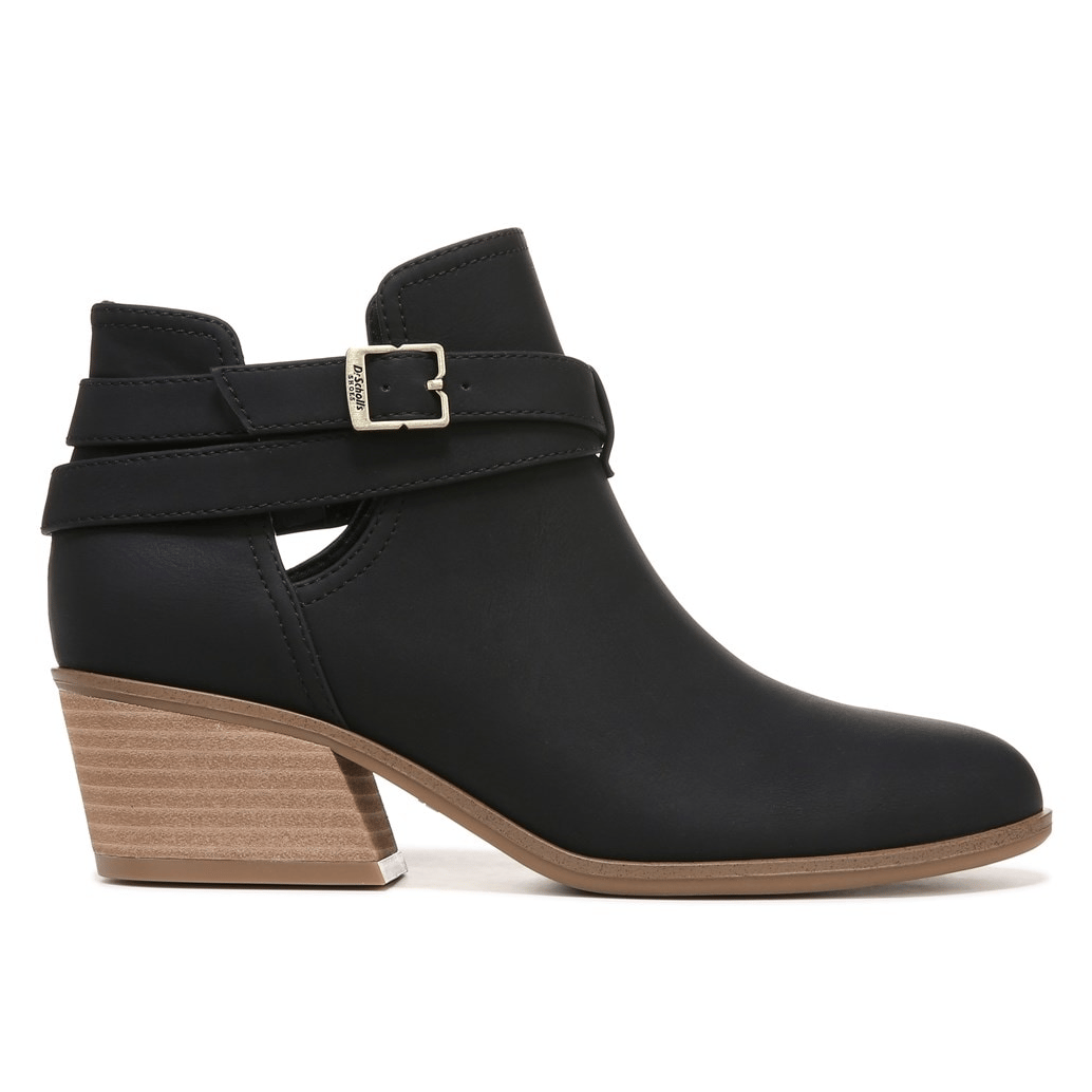 A black ankle boot with a strap and gold buckle, featuring a chunky wooden heel.