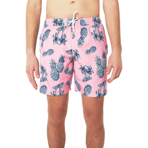 Pink swim trunks with a blue pineapple and palm tree print, featuring a white drawstring and elastic waistband.