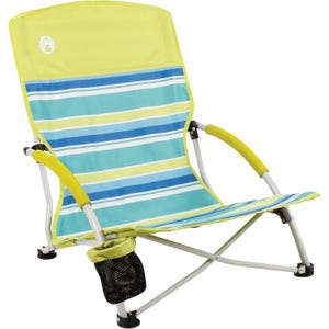 Folding beach chair with blue, green, and white stripes, featuring yellow armrests and a built-in cup holder.