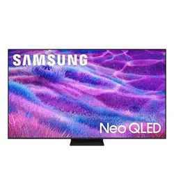 Samsung Neo QLED TV with a vibrant purple and blue display background.
