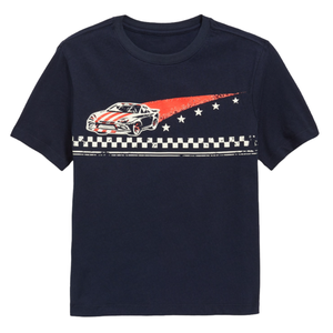 Navy blue T-shirt featuring a graphic of a race car with red stripes, a red trail, stars, and a checkered pattern across the chest.