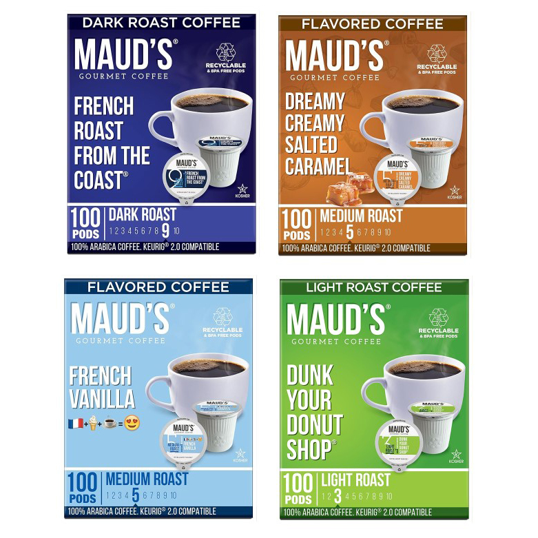Four boxes of Maud's Gourmet Coffee pods in various flavors, including French Roast, Salted Caramel, French Vanilla, and Donut Shop, all compatible with Keurig 2.0.