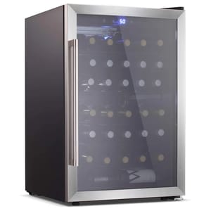 A stainless steel wine cooler with a glass door, displaying multiple wine bottles inside. The digital display at the top shows \“50°F\“.