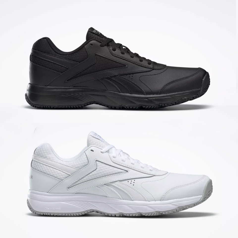 Two pairs of sneakers: one black and one white, both with a low-top design and lace-up fronts.