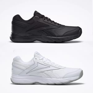 Two pairs of sneakers: one black and one white, both with a low-top design and lace-up fronts.