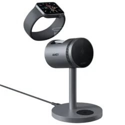AUKEY wireless charging stand for Apple Watch, featuring a sleek metal design with a magnetic charging pad and a sturdy base, designed for optimal convenience and compatibility.