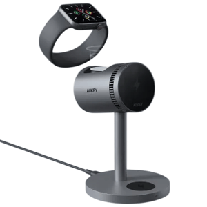 AUKEY wireless charging stand for Apple Watch, featuring a sleek metal design with a magnetic charging pad and a sturdy base, designed for optimal convenience and compatibility.