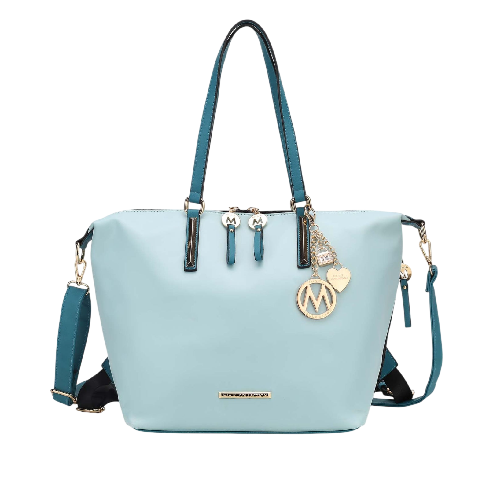 A light blue handbag with teal handles and accents, featuring gold-tone hardware and charms, including a circular logo and heart charm.