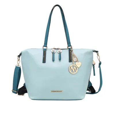 A light blue handbag with teal handles and accents, featuring gold-tone hardware and charms, including a circular logo and heart charm.