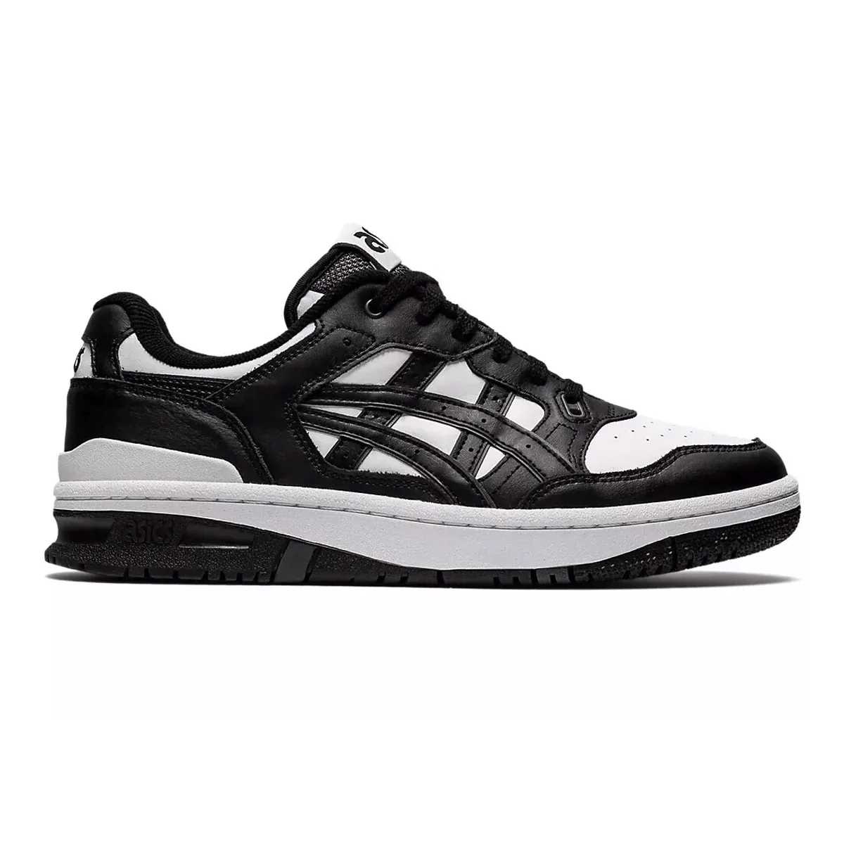 ASICS Men's EX89 Shoes are black and white sneakers featuring leather upper panels with distinctive side stripes, perforated toe box for breathability, and a cushioned midsole for comfort.