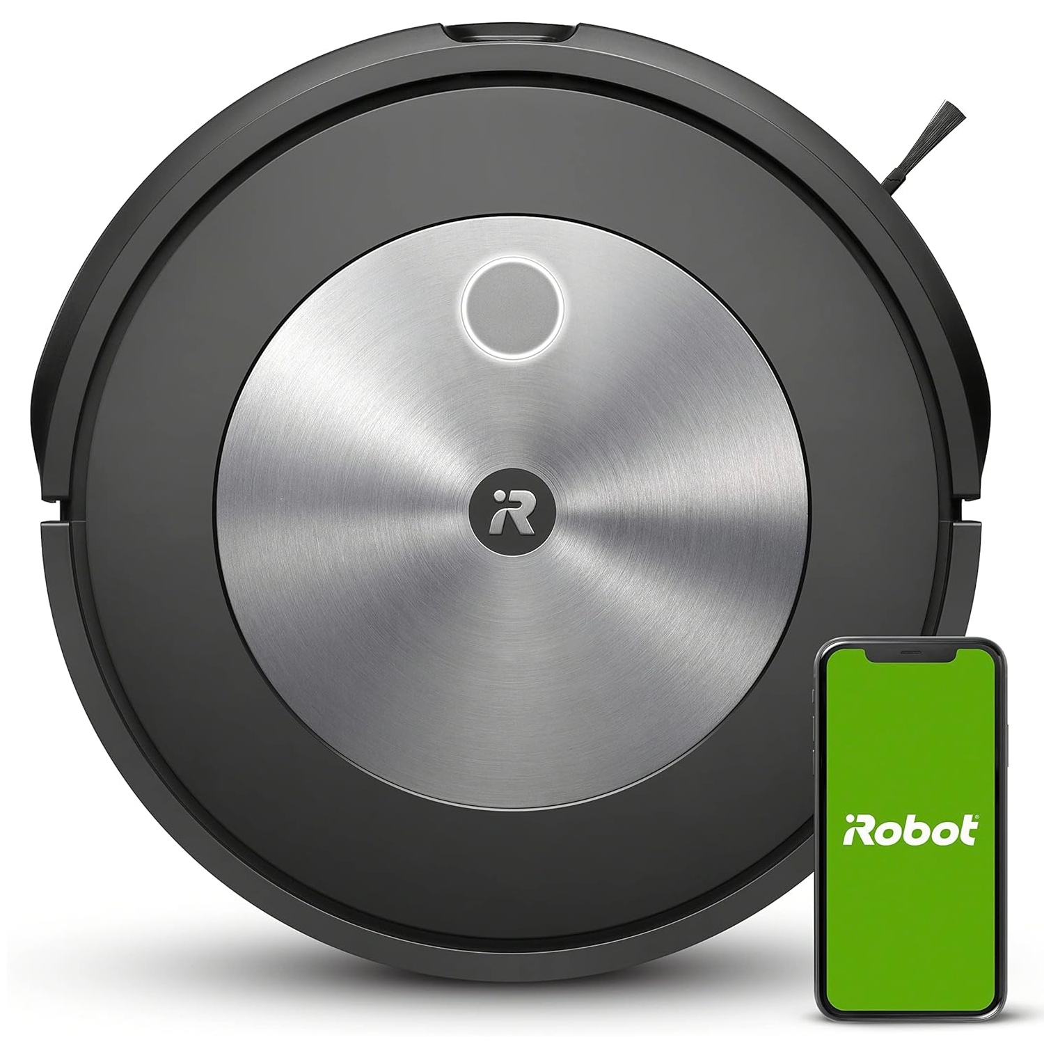 A round, sleek iRobot Roomba robot vacuum features a central metallic finish with a logo, accompanied by a smartphone displaying the iRobot app, likely indicating smart connectivity and remote control capabilities.