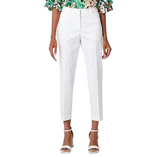 White cropped pants with a tailored fit, paired with a floral patterned top and white heeled sandals.