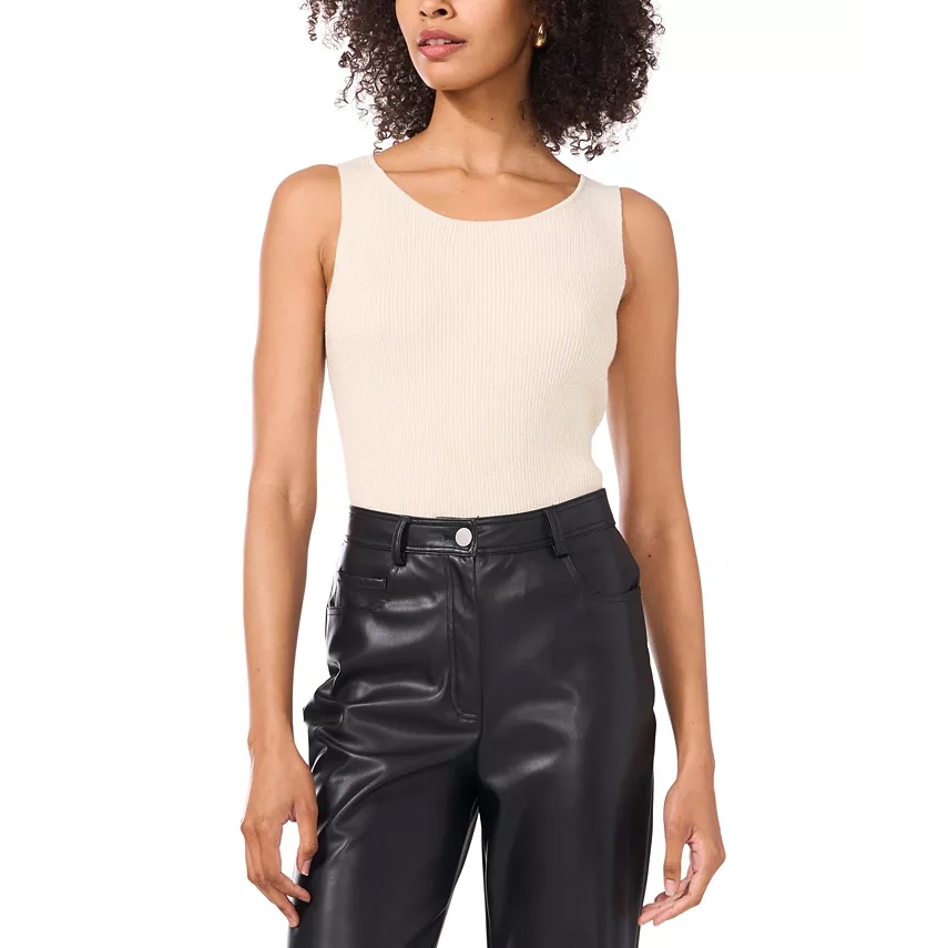 Sleeveless metallic sweater by Vince Camuto, featuring a ribbed texture and a light, neutral tone. It is paired with high-waisted black leather pants.