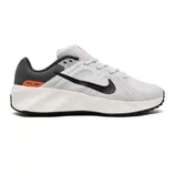 White and gray athletic shoe with a black swoosh logo, featuring orange accents and labeled \“MTK_001\“ on the side heel.