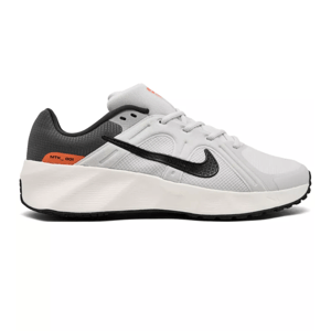 White and gray athletic shoe with a black swoosh logo, featuring orange accents and labeled \“MTK_001\“ on the side heel.