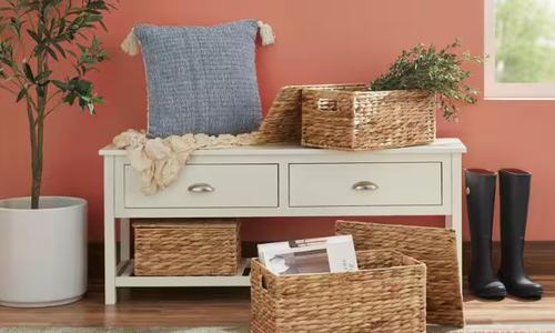 bench storage baskets