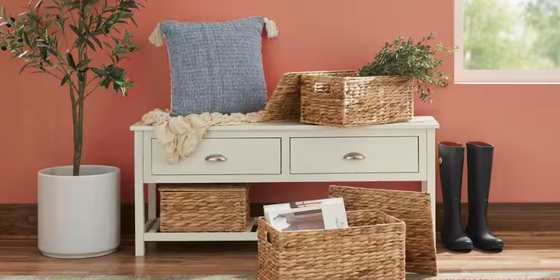 bench storage baskets