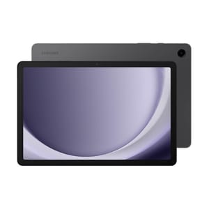 Samsung Galaxy Tab A9+ in gray, featuring a sleek design with a large display and a rear camera.