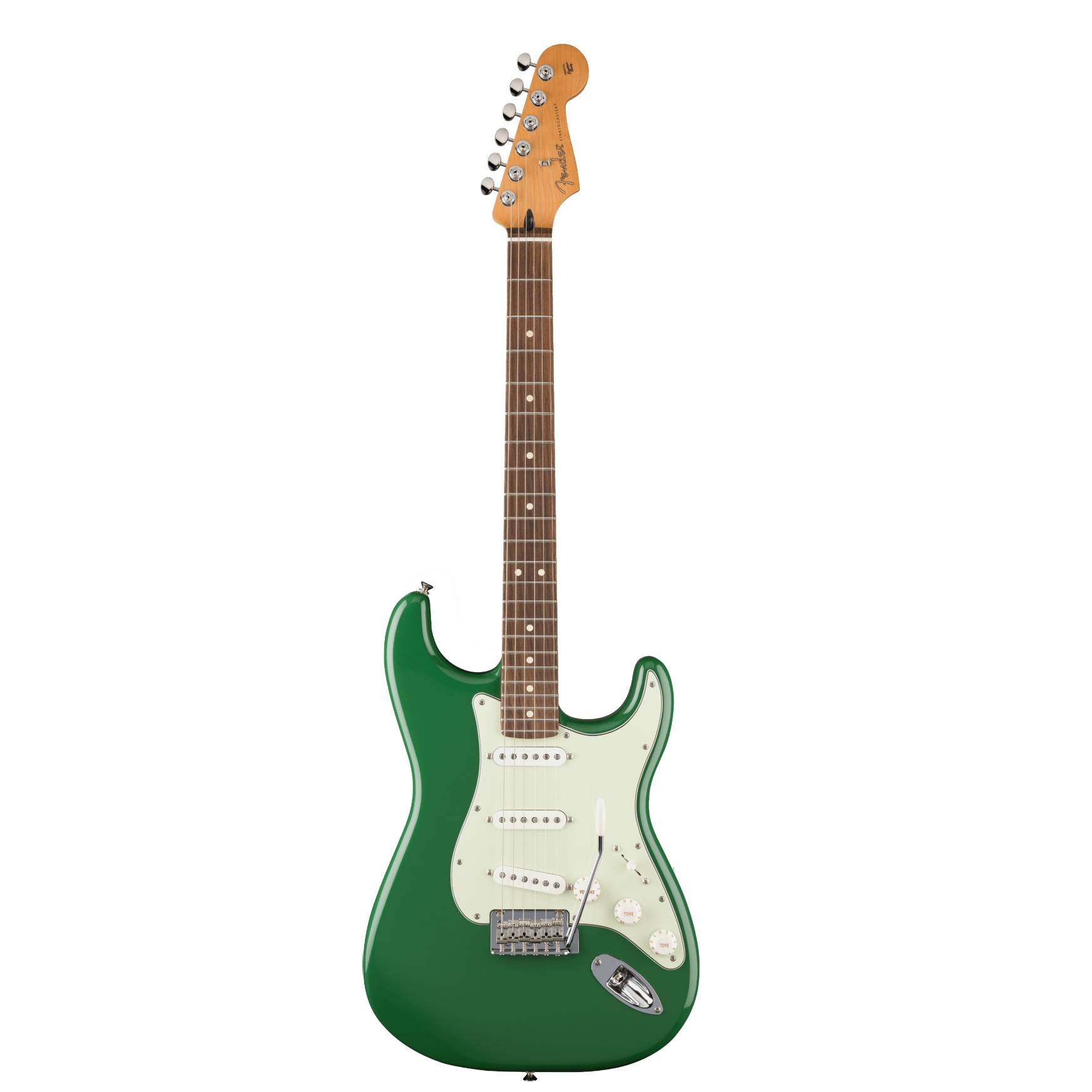 Green electric guitar with a classic double-cutaway body, three single-coil pickups, a tremolo bridge, and a rosewood fingerboard.