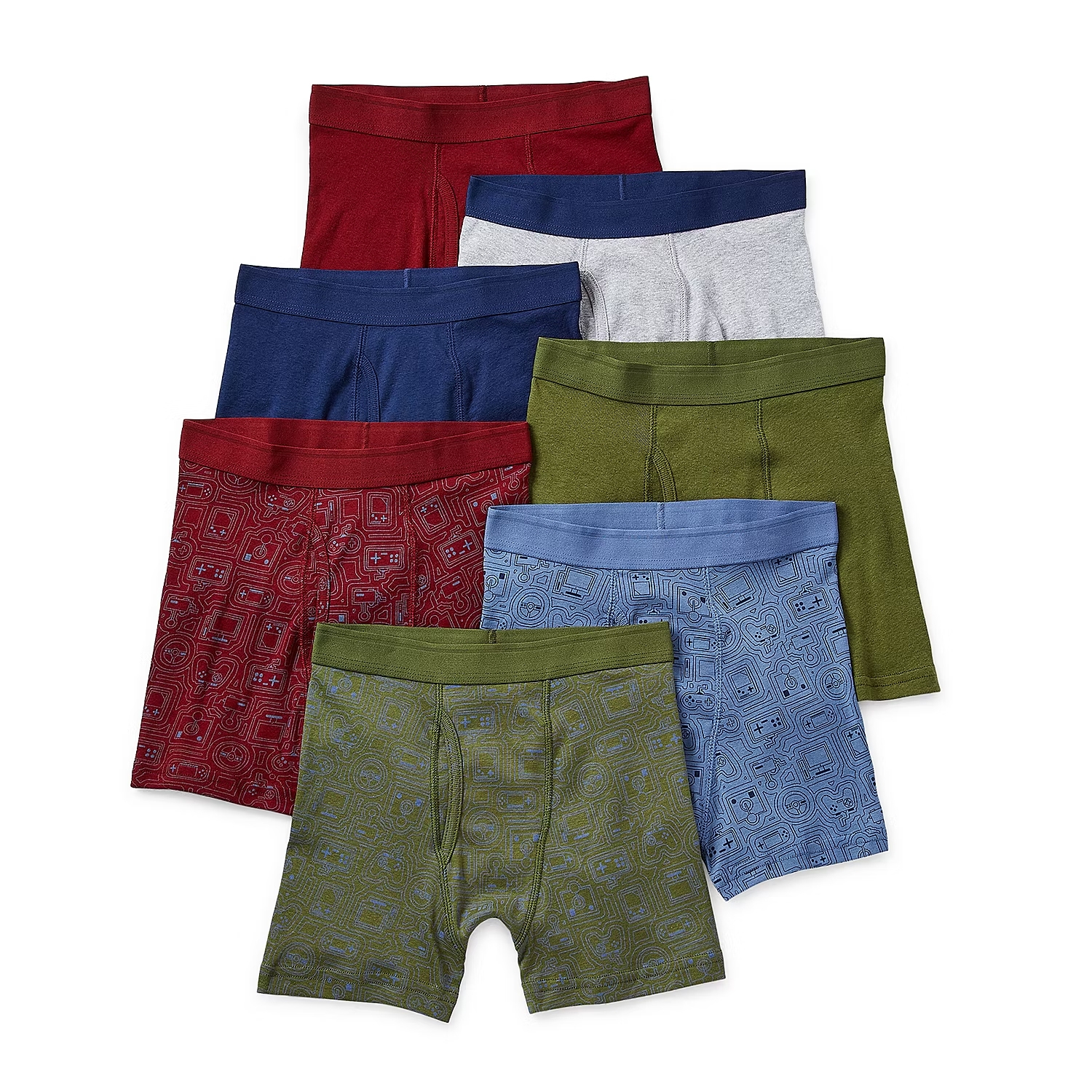 A variety of men's boxer briefs in different colors and patterns, including solid and geometric prints.