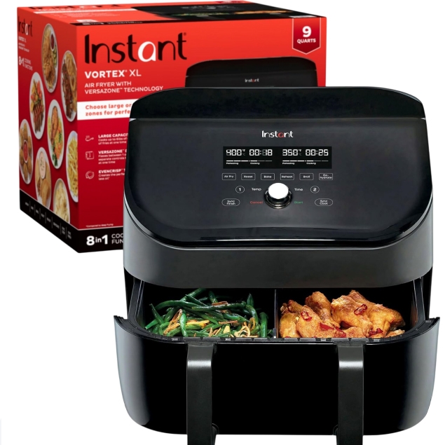 Instant Vortex XL 9-quart air fryer with Versazone technology features dual cooking zones for versatile meal preparation, displayed with a black finish and digital controls.