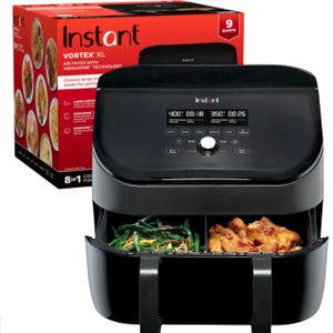 Instant Vortex XL 9-quart air fryer with Versazone technology features dual cooking zones for versatile meal preparation, displayed with a black finish and digital controls.