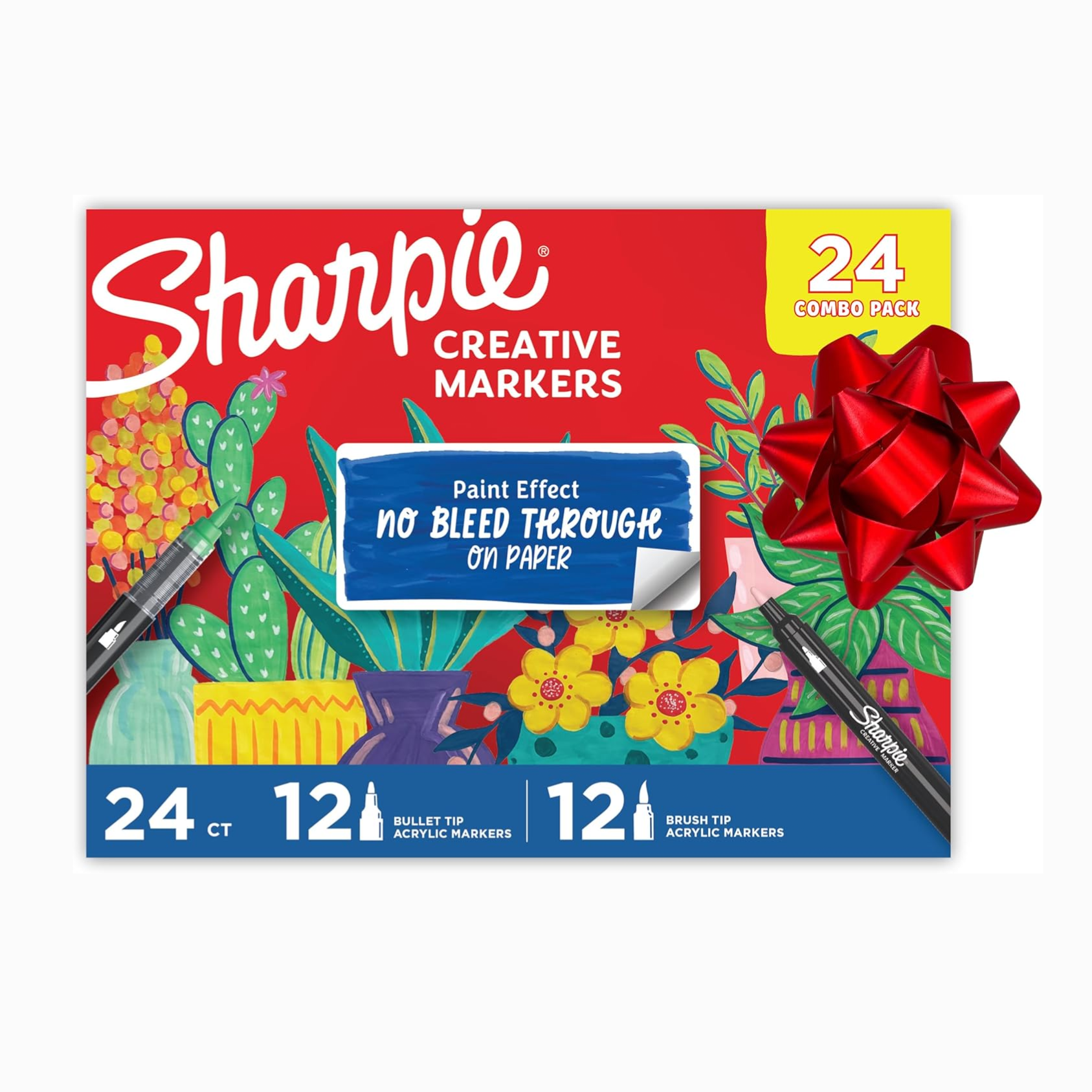 Sharpie Creative Markers 24 Combo Pack includes 12 bullet tip and 12 brush tip acrylic markers, featuring a paint effect with no bleed-through on paper.