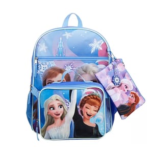 Blue children's backpack featuring animated characters, with a matching pouch. Snowflake designs and castles are part of the print.