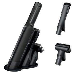 A handheld vacuum cleaner with a charging base and two interchangeable brush attachments, designed for versatile cleaning tasks.