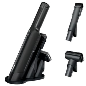 A handheld vacuum cleaner with a charging base and two interchangeable brush attachments, designed for versatile cleaning tasks.