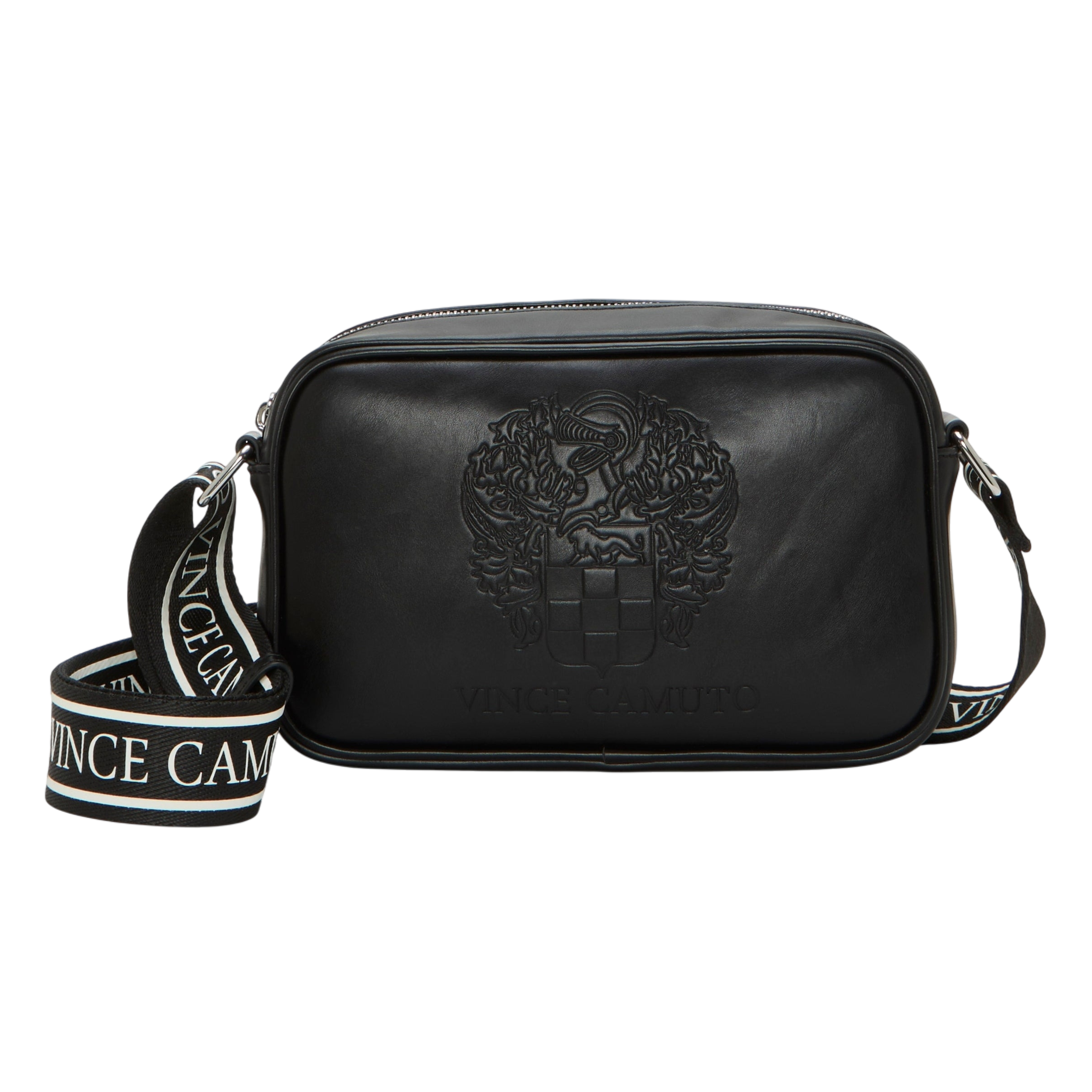 Black rectangular crossbody bag with embossed design and branded adjustable strap.