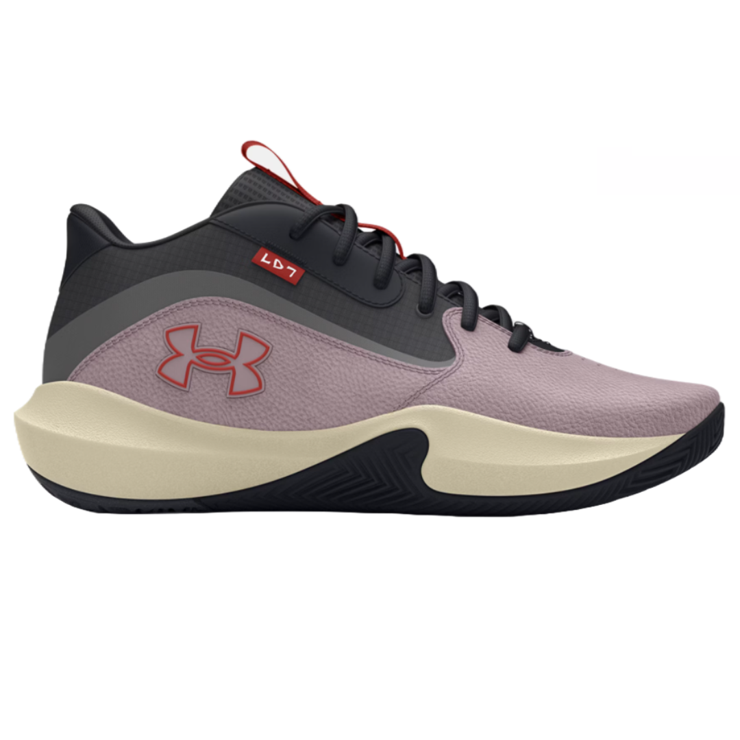 UA Lockdown Basketball Shoes feature a sleek design with a muted pink and black colorway, a distinctive logo, and a cushioned midsole for comfort. Equipped with lace tie for a snug fit and ideal for athletic performance.