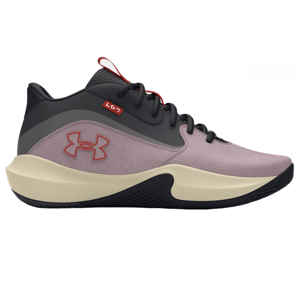 UA Lockdown Basketball Shoes feature a sleek design with a muted pink and black colorway, a distinctive logo, and a cushioned midsole for comfort. Equipped with lace tie for a snug fit and ideal for athletic performance.