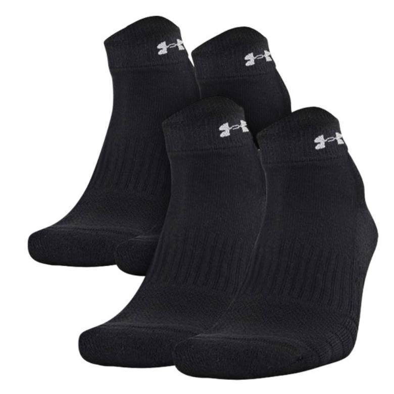 A 2-pair pack of black Under Armour low-cut socks with ribbed detailing and white logos at the cuffs.