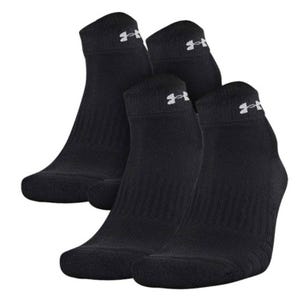 A 2-pair pack of black Under Armour low-cut socks with ribbed detailing and white logos at the cuffs.