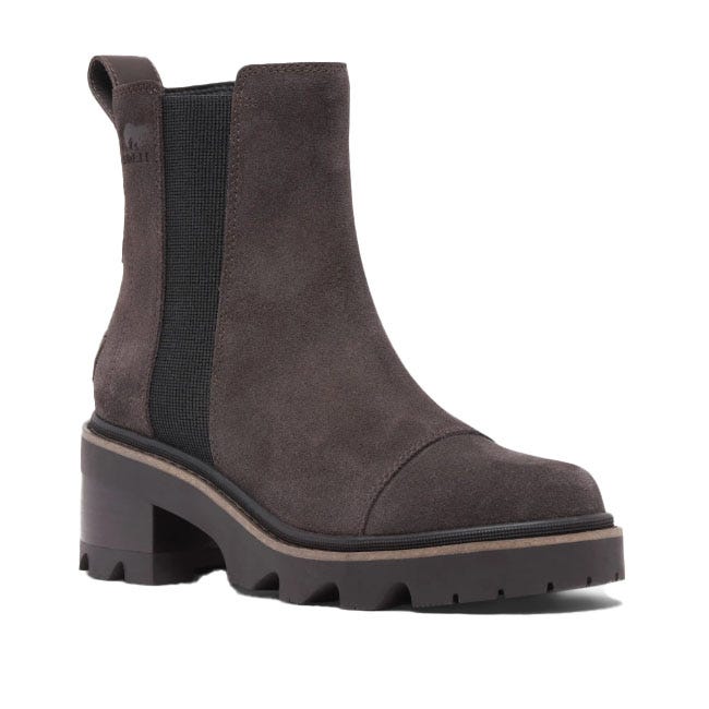 A dark gray suede Chelsea boot with a chunky lug sole and elastic side panels for easy slip-on.
