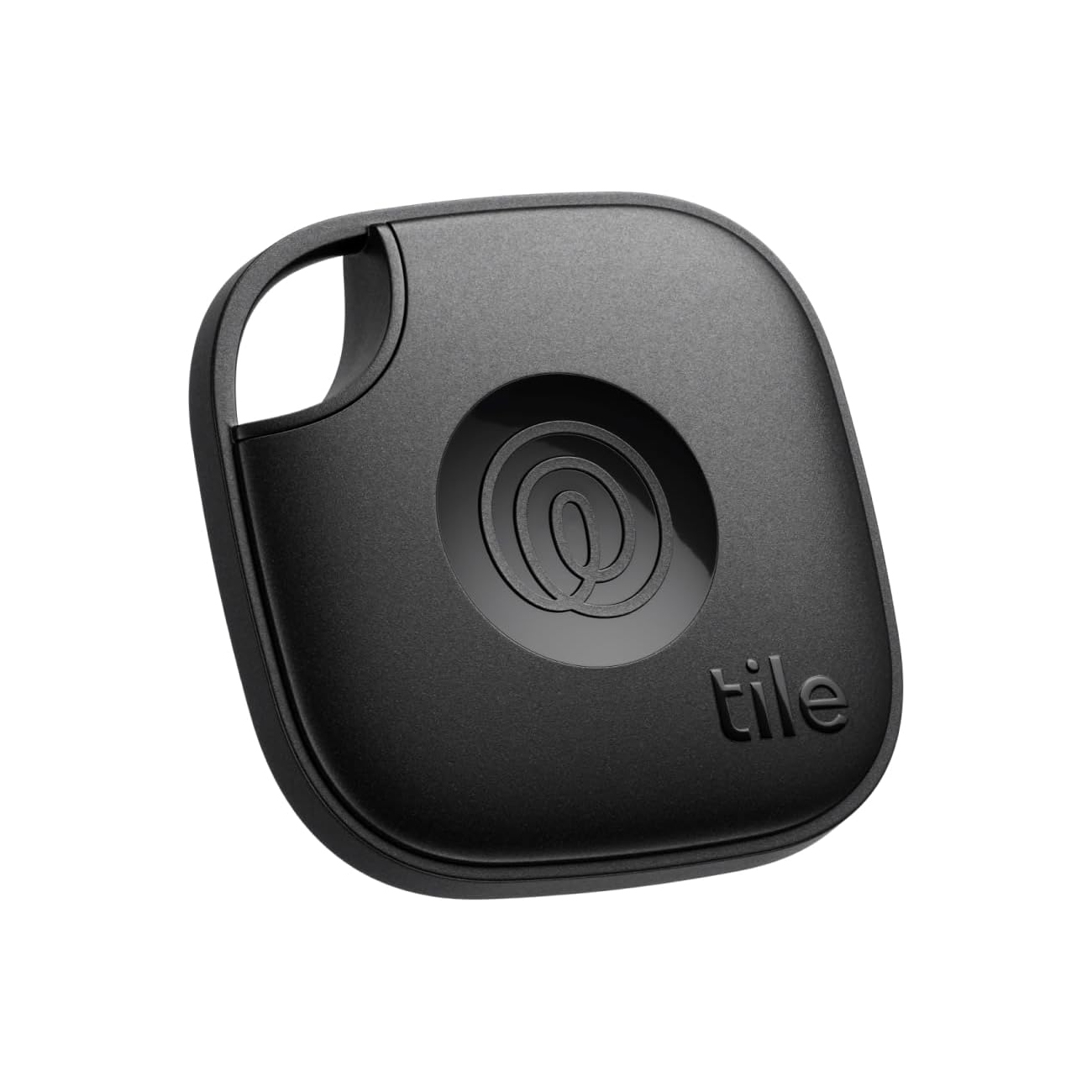 A black Tile Mate Bluetooth tracker with a keyring hole and embossed logo for locating lost items using a smartphone app.