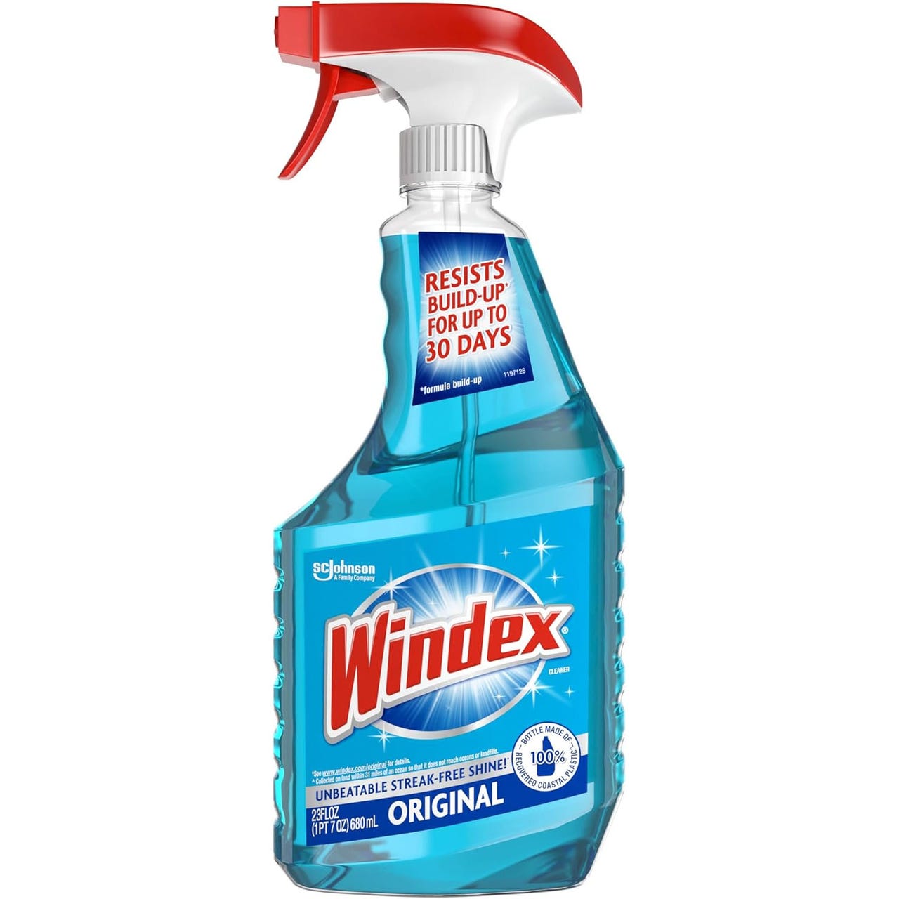 Windex Original Glass & Window Cleaner Spray, 23 fl oz (680 mL), features a blue liquid in a transparent bottle with a red and white sprayer. It claims to resist build-up for up to 30 days and provides a streak-free shine.