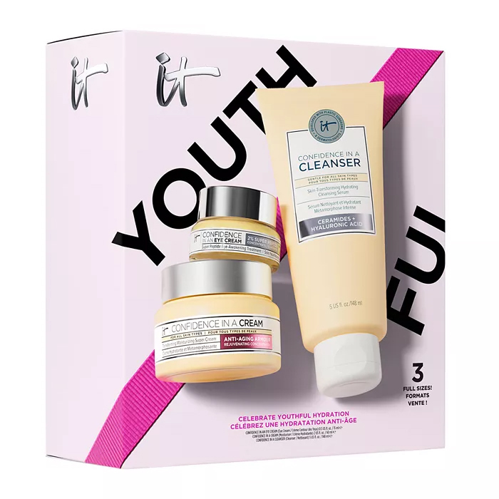 The It Cosmetics 3pc Hydration Skincare Set includes: \“Confidence in a Cleanser\“ with ceramides and hyaluronic acid, \“Confidence in a Cream\“ anti-aging cream, and \“Confidence in an Eye Cream\“ to rejuvenate and brighten.