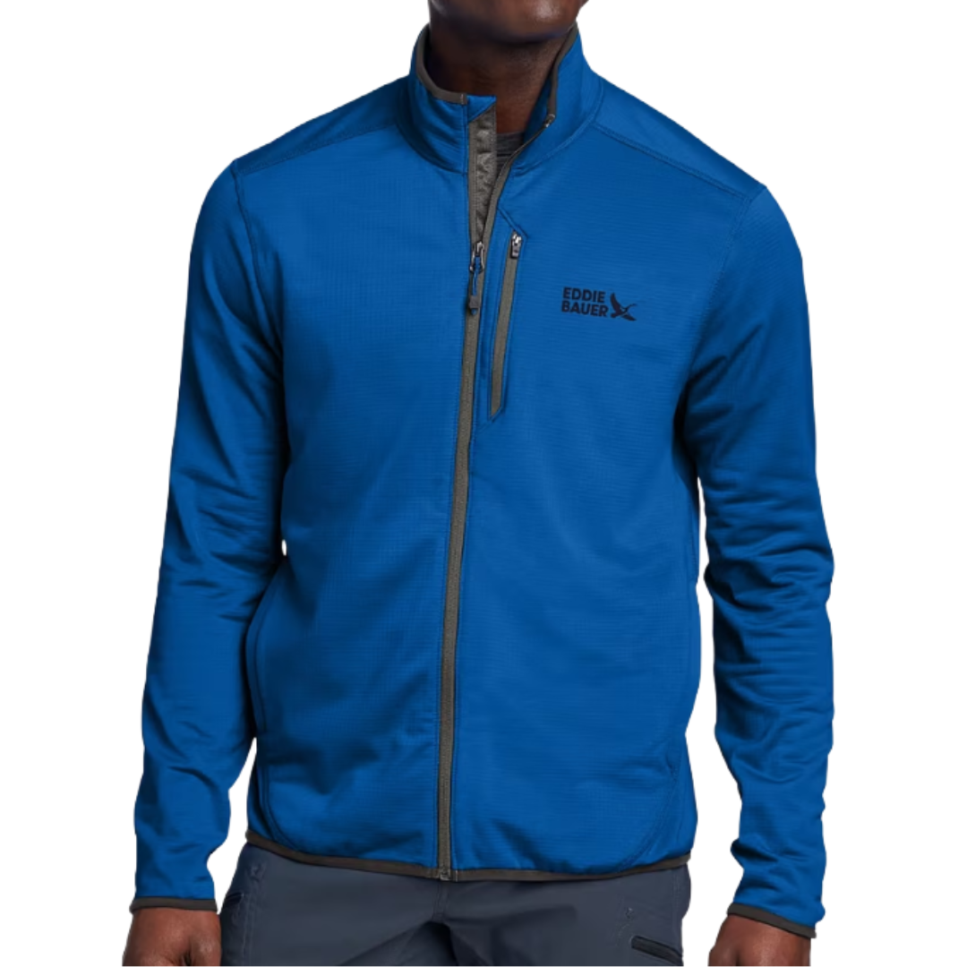 A blue Eddie Bauer full-zip jacket with a chest logo and dark zipper accents.