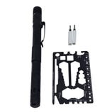 A black tactical pen with a clip, two white pen cartridges, and a black multi-tool card featuring various cutouts and a ruler.