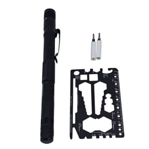 A black tactical pen with a clip, two white pen cartridges, and a black multi-tool card featuring various cutouts and a ruler.