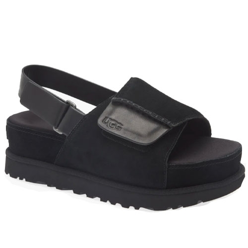 UGG Slingback Sandals feature a black suede upper with a wide adjustable strap, a platform sole, and a cushioned footbed.