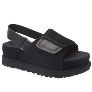 UGG Slingback Sandals feature a black suede upper with a wide adjustable strap, a platform sole, and a cushioned footbed.
