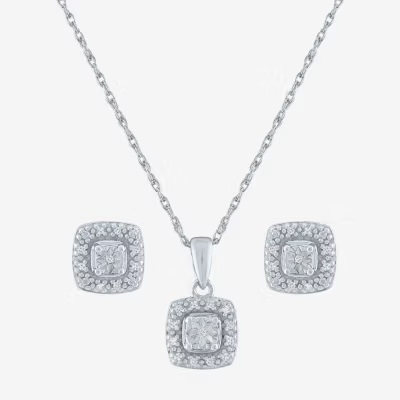 Silver square-shaped pendant necklace and matching earrings set with a halo of smaller stones around a central gemstone.