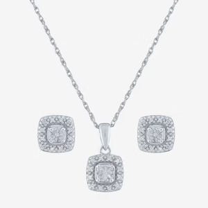 Silver square-shaped pendant necklace and matching earrings set with a halo of smaller stones around a central gemstone.