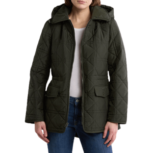 Olive green quilted jacket with a hood, featuring a zip front, two front flap pockets, and a fitted design. Made by Lucky Brand, it's paired with blue jeans and a white top.