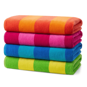 Four stacked towels in vibrant colors: orange, pink, blue, and green, each with wide horizontal stripes.