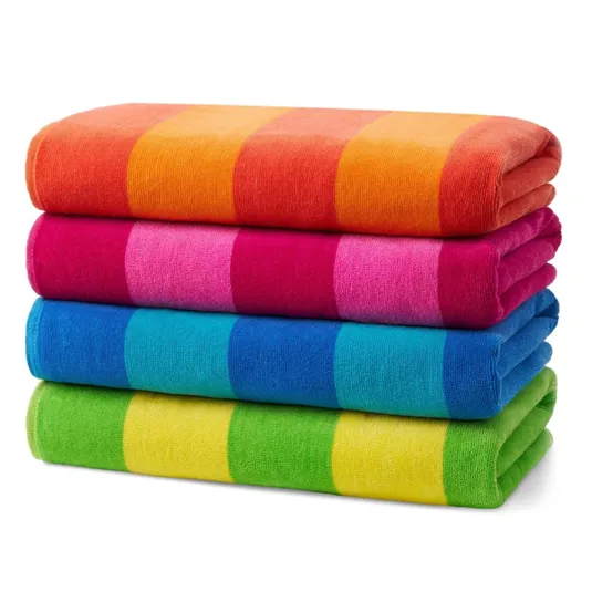 Four stacked towels in vibrant colors: orange, pink, blue, and green, each with wide horizontal stripes.